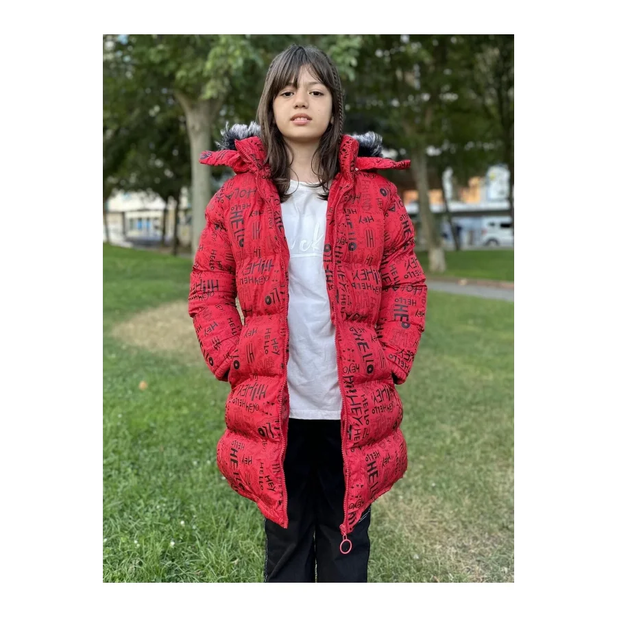 Babymiss Kız Çocuk Çıkarılabilir Kapüşonlu Cepli Baskılı Şişme Mont - Kırmızı