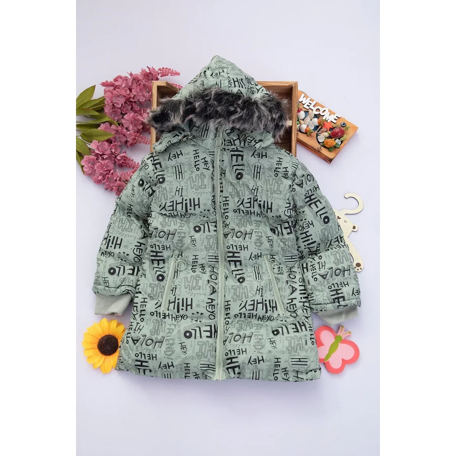 Babymiss Kız Çocuk Çıkarılabilir Kapüşonlu Cepli Baskılı Şişme Mont - Mint