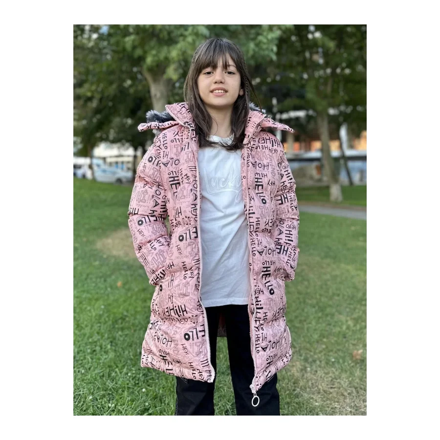 Babymiss Kız Çocuk Çıkarılabilir Kapüşonlu Cepli Baskılı Şişme Mont - Pudra