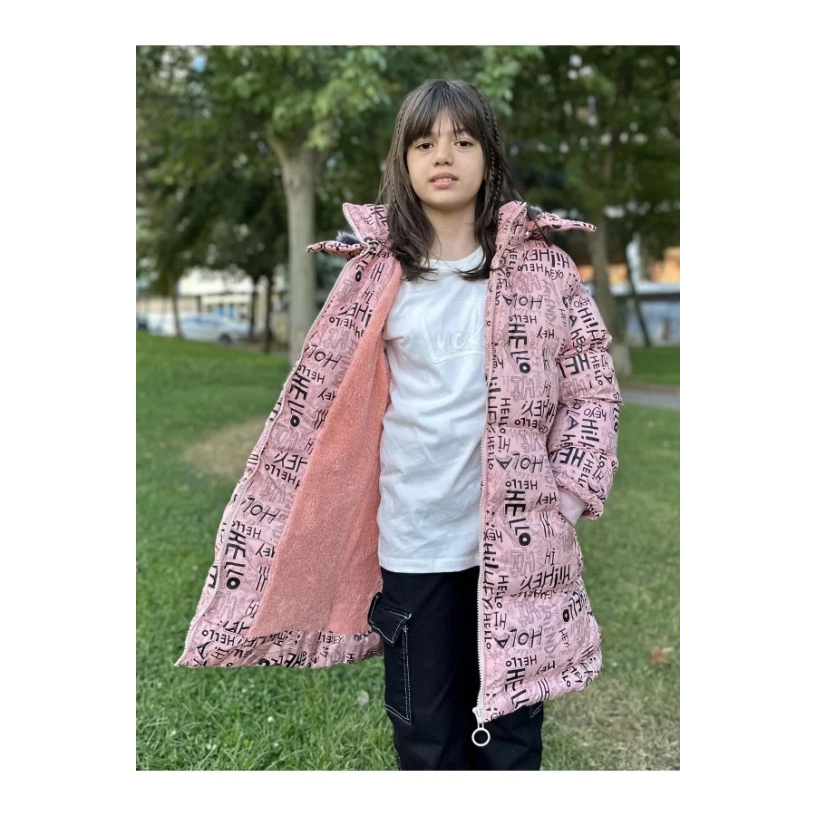 Babymiss Kız Çocuk Çıkarılabilir Kapüşonlu Cepli Baskılı Şişme Mont - Pudra