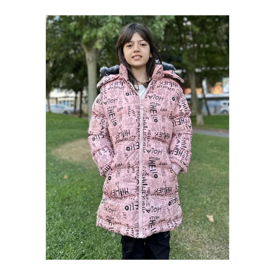 Babymiss Kız Çocuk Çıkarılabilir Kapüşonlu Cepli Baskılı Şişme Mont - Pudra