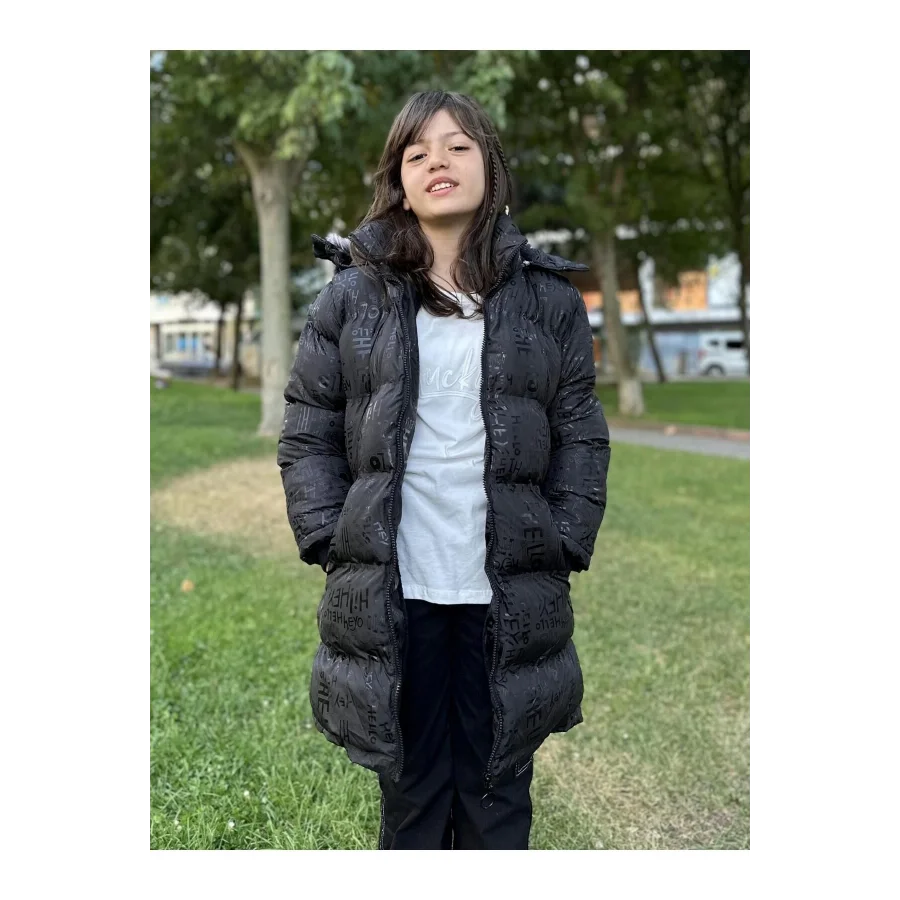 Babymiss Kız Çocuk Çıkarılabilir Kapüşonlu Cepli Baskılı Şişme Mont - Siyah