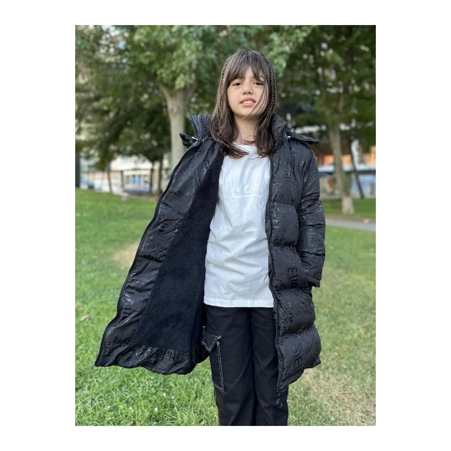 Babymiss Kız Çocuk Çıkarılabilir Kapüşonlu Cepli Baskılı Şişme Mont - Siyah