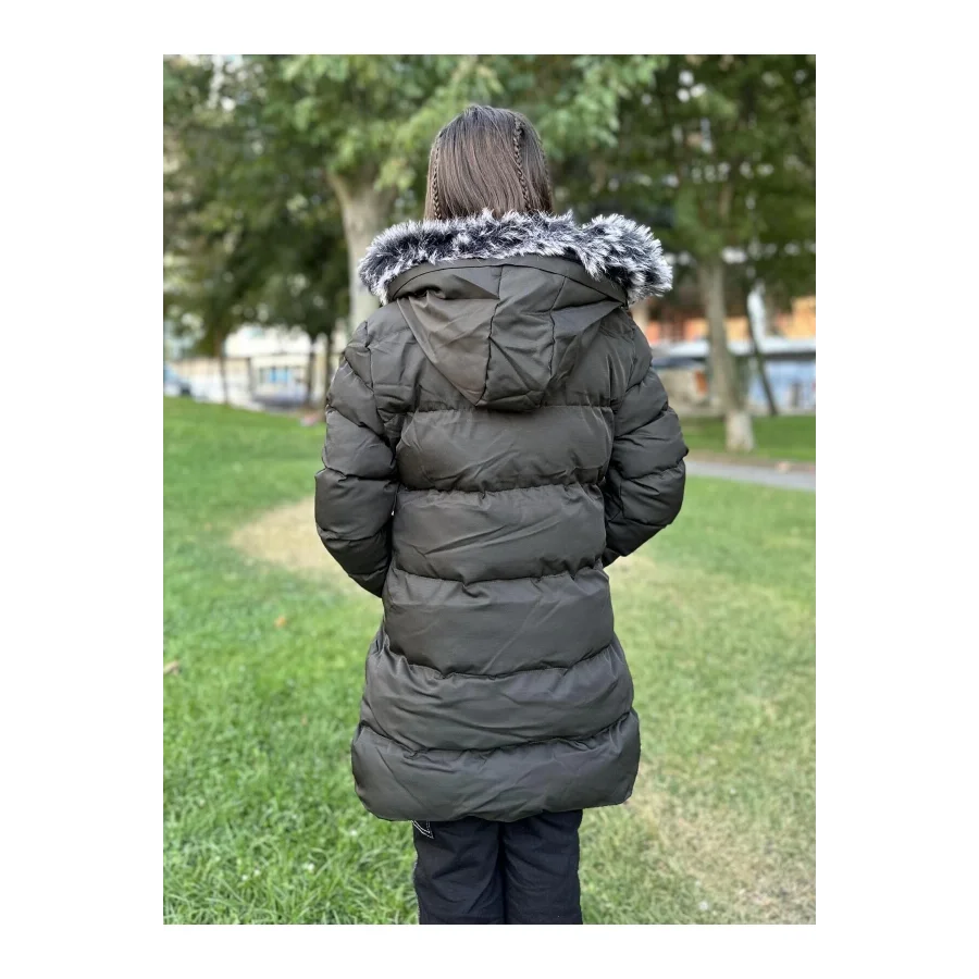 Babymiss Kız Çocuk İçi Suni Kürklü Çıkarılabilir Kapüşonlu Cepli Şişme Mont - Haki