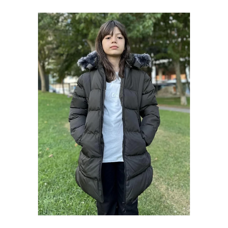 Babymiss Kız Çocuk İçi Suni Kürklü Çıkarılabilir Kapüşonlu Cepli Şişme Mont - Haki