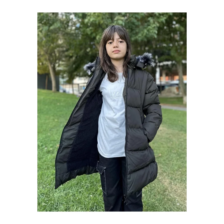 Babymiss Kız Çocuk İçi Suni Kürklü Çıkarılabilir Kapüşonlu Cepli Şişme Mont - Haki