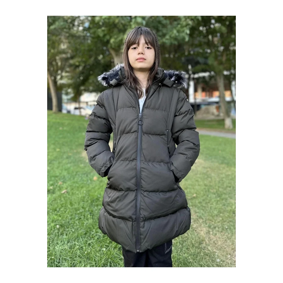 Babymiss Kız Çocuk İçi Suni Kürklü Çıkarılabilir Kapüşonlu Cepli Şişme Mont - Haki