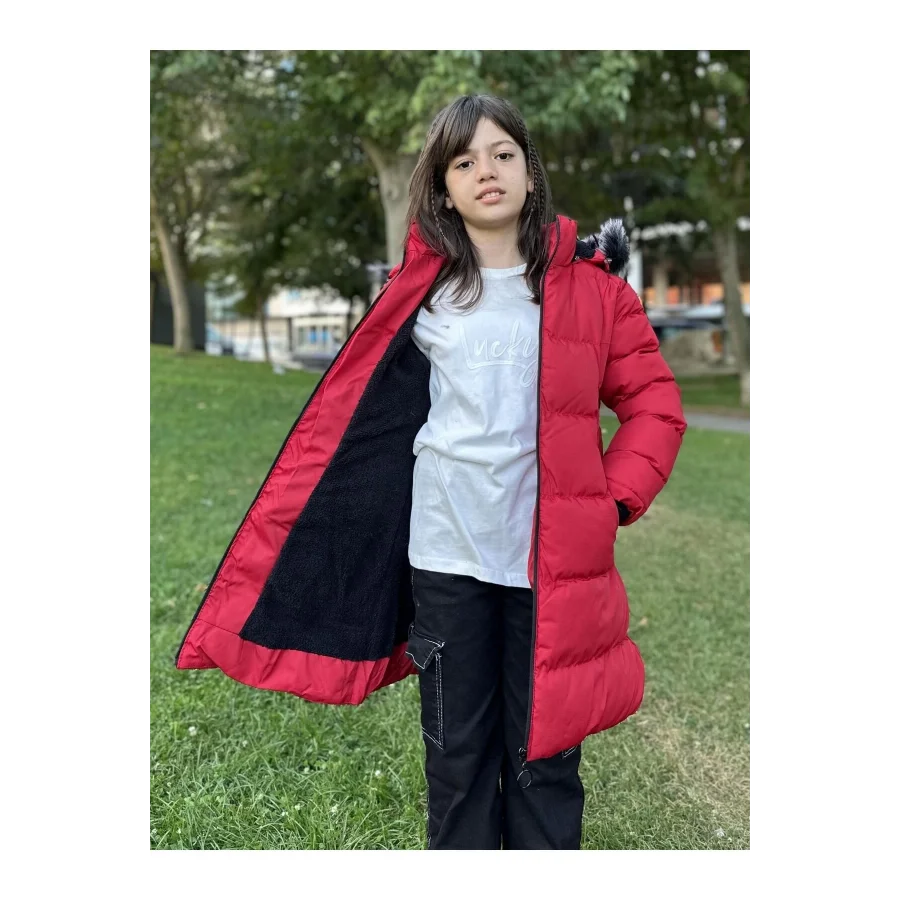 Babymiss Kız Çocuk İçi Suni Kürklü Çıkarılabilir Kapüşonlu Cepli Şişme Mont - Kırmızı
