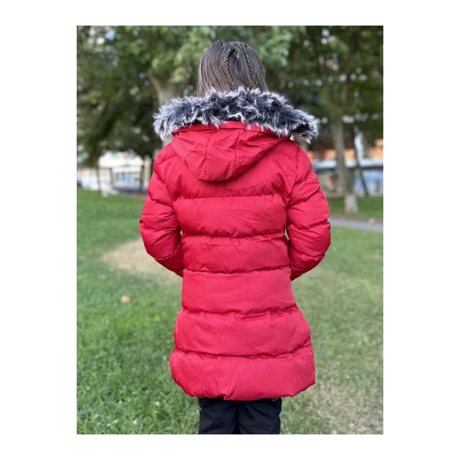 Babymiss Kız Çocuk İçi Suni Kürklü Çıkarılabilir Kapüşonlu Cepli Şişme Mont - Kırmızı