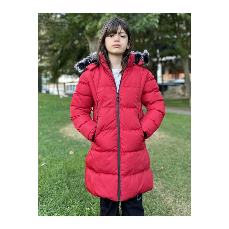 Babymiss Kız Çocuk İçi Suni Kürklü Çıkarılabilir Kapüşonlu Cepli Şişme Mont - Kırmızı