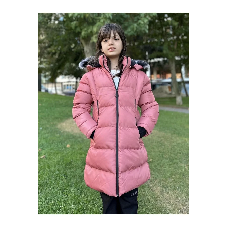 Babymiss Kız Çocuk İçi Suni Kürklü Çıkarılabilir Kapüşonlu Cepli Şişme Mont - Pudra