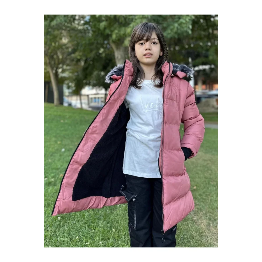 Babymiss Kız Çocuk İçi Suni Kürklü Çıkarılabilir Kapüşonlu Cepli Şişme Mont - Pudra