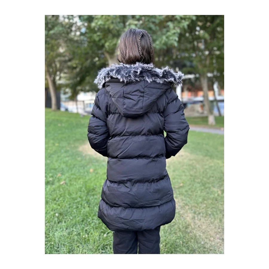 Babymiss Kız Çocuk İçi Suni Kürklü Çıkarılabilir Kapüşonlu Cepli Şişme Mont - Siyah