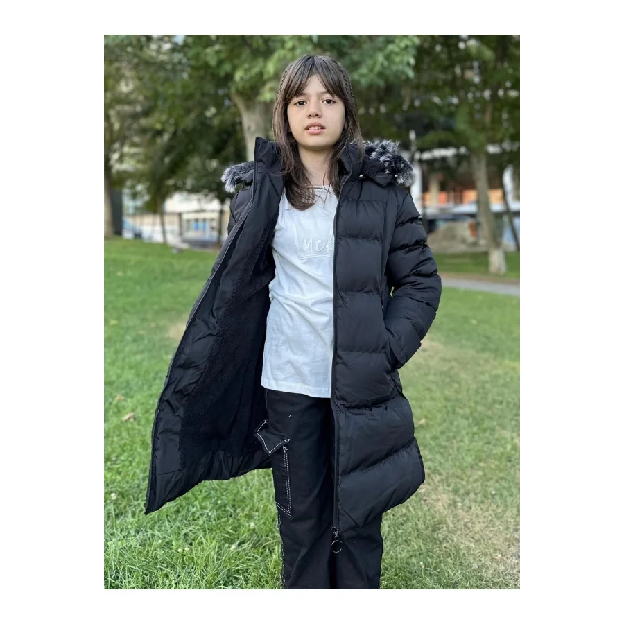 Babymiss Kız Çocuk İçi Suni Kürklü Çıkarılabilir Kapüşonlu Cepli Şişme Mont - Siyah