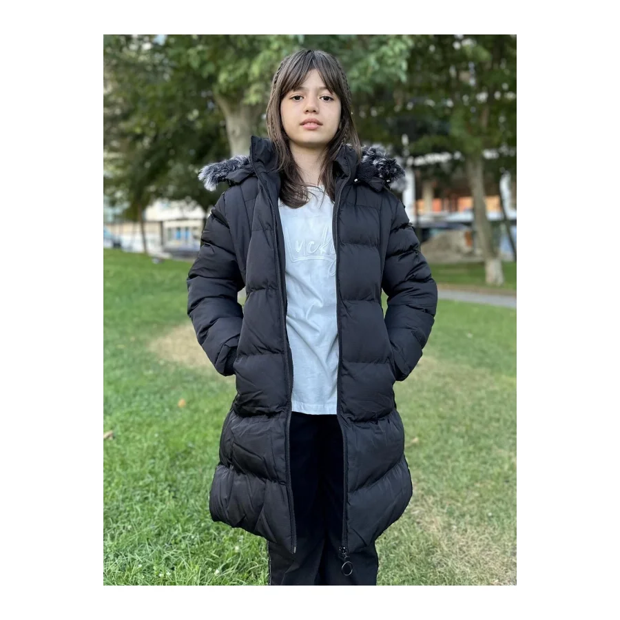 Babymiss Kız Çocuk İçi Suni Kürklü Çıkarılabilir Kapüşonlu Cepli Şişme Mont - Siyah