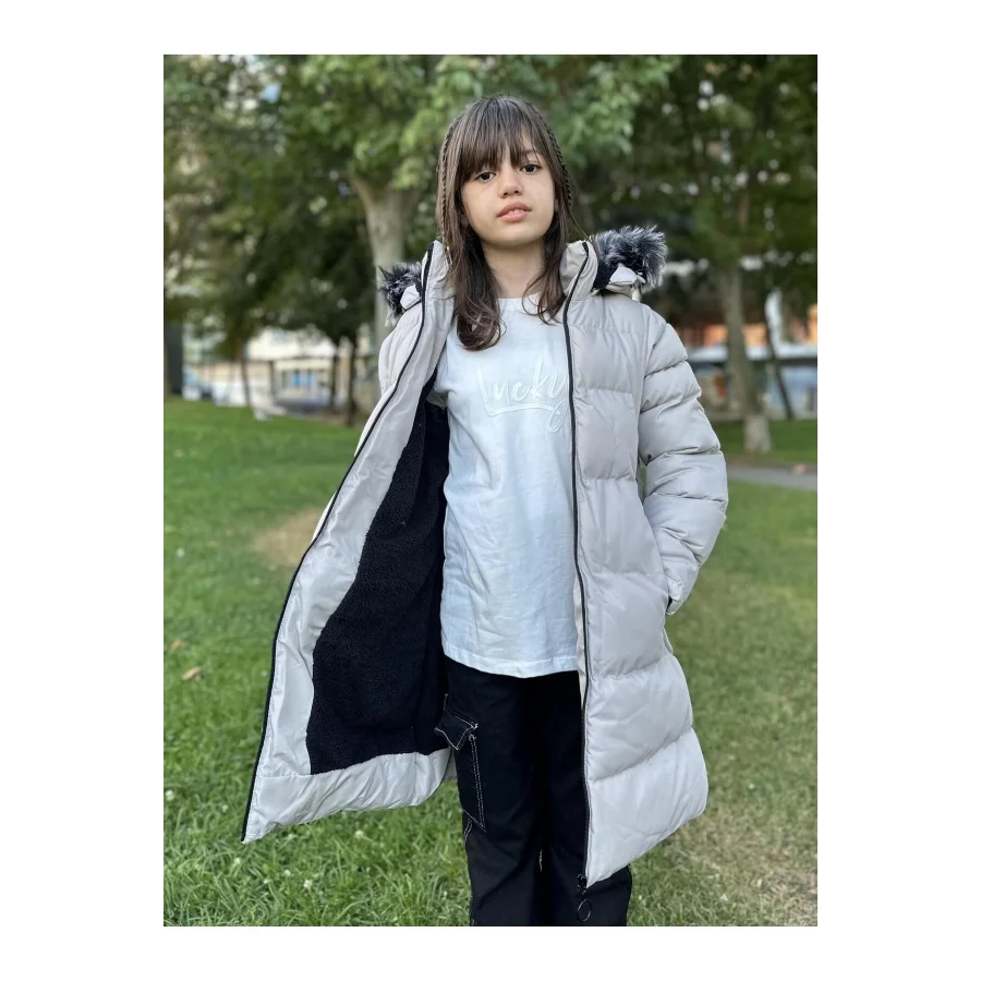 Babymiss Kız Çocuk İçi Suni Kürklü Çıkarılabilir Kapüşonlu Cepli Şişme Mont - Taş