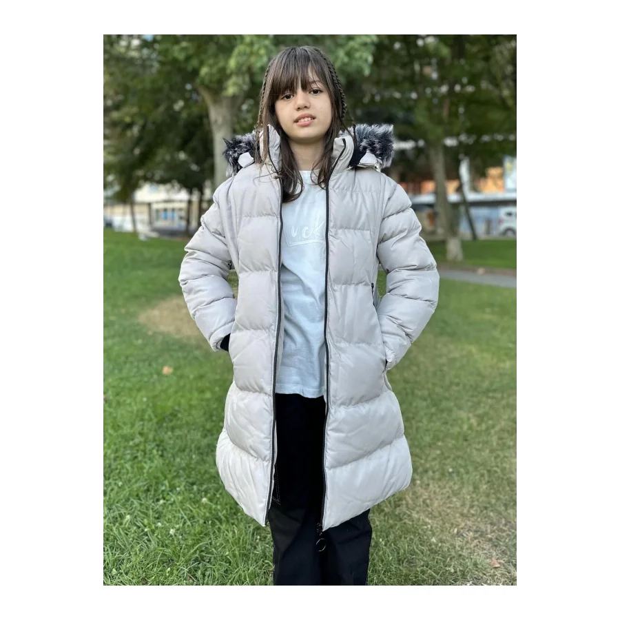 Babymiss Kız Çocuk İçi Suni Kürklü Çıkarılabilir Kapüşonlu Cepli Şişme Mont - Taş