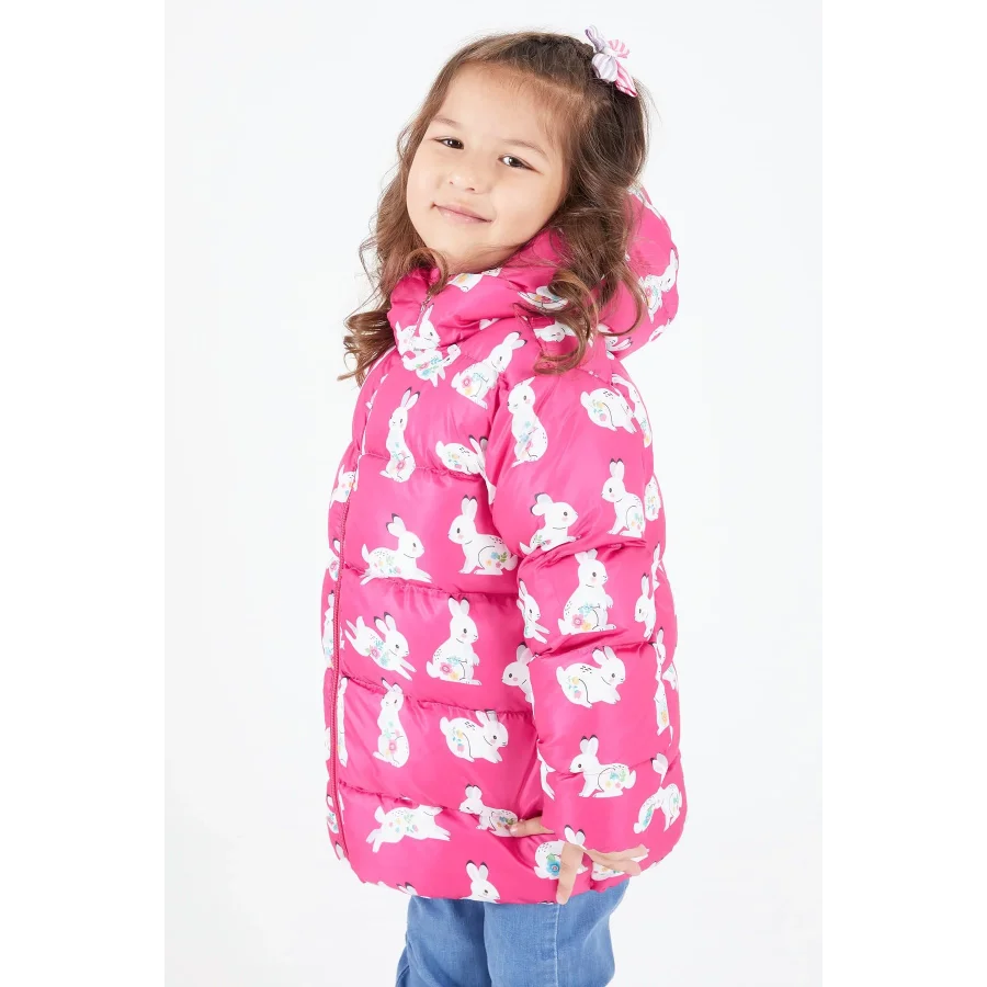 Babymiss Kız Çocuk Tavşan Baskılı Ekstra Dolgulu İçi Yumuşak Polarlı Kapüşonlu Şişme Mont