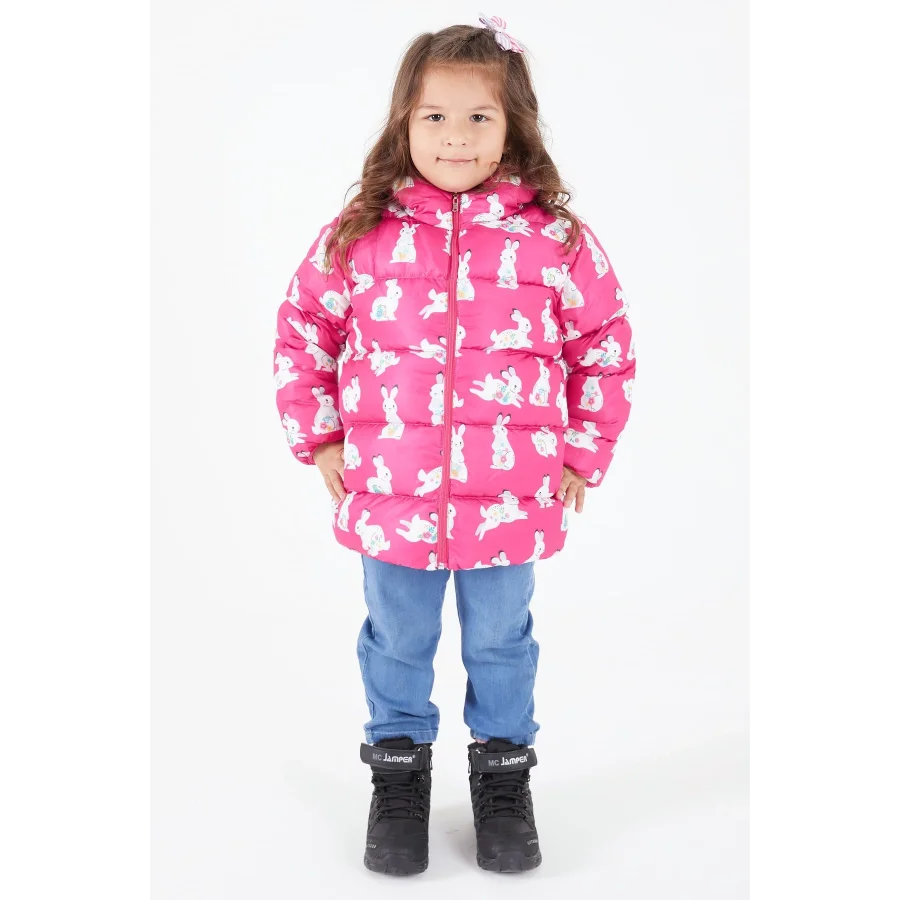 Babymiss Kız Çocuk Tavşan Baskılı Ekstra Dolgulu İçi Yumuşak Polarlı Kapüşonlu Şişme Mont