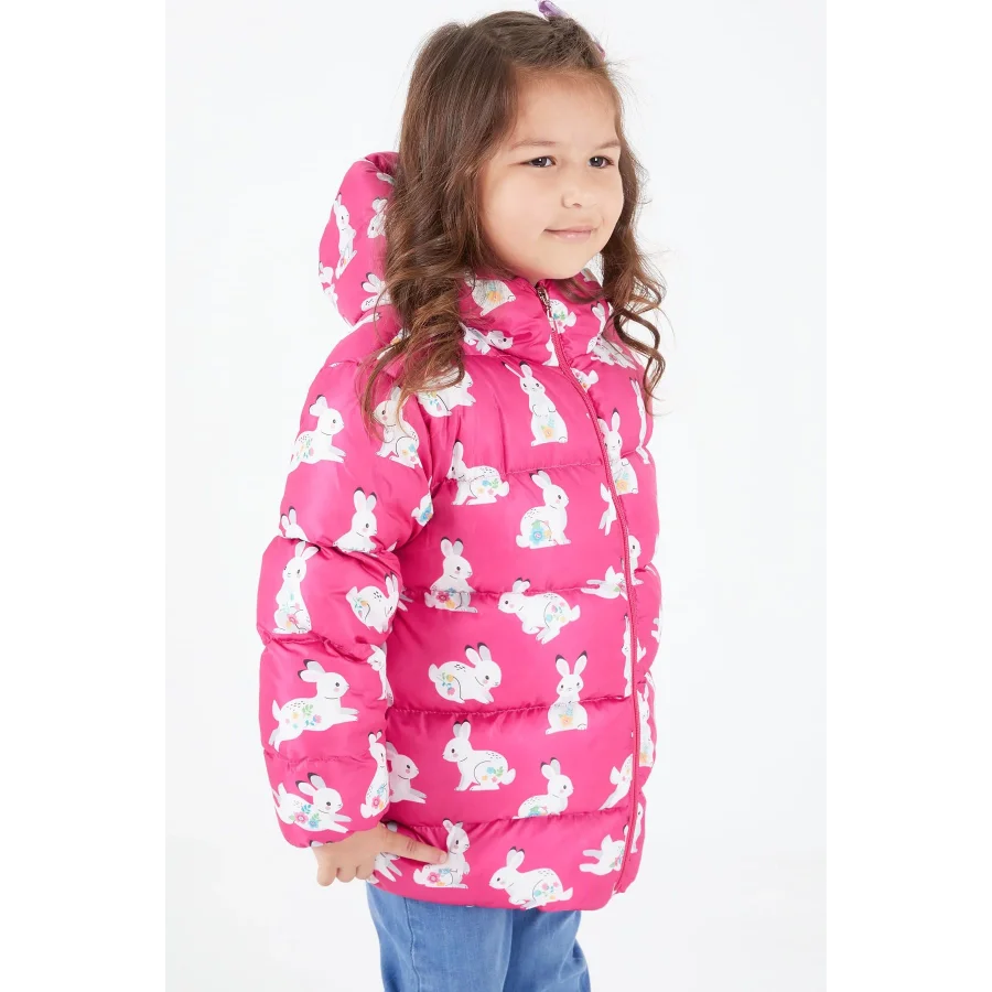 Babymiss Kız Çocuk Tavşan Baskılı Ekstra Dolgulu İçi Yumuşak Polarlı Kapüşonlu Şişme Mont