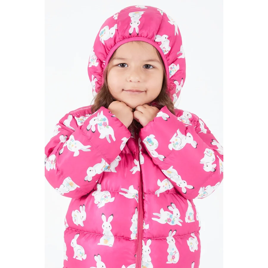 Babymiss Kız Çocuk Tavşan Baskılı Ekstra Dolgulu İçi Yumuşak Polarlı Kapüşonlu Şişme Mont