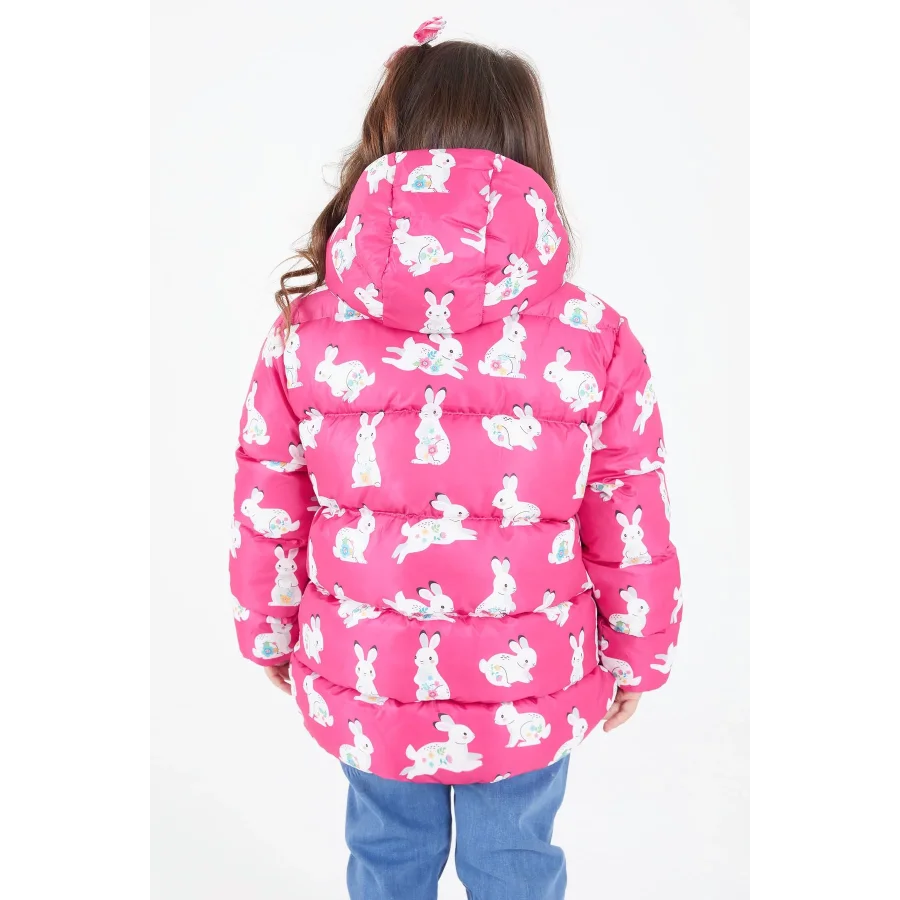 Babymiss Kız Çocuk Tavşan Baskılı Ekstra Dolgulu İçi Yumuşak Polarlı Kapüşonlu Şişme Mont