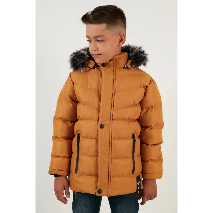 Babymiss Suni Kürklü Peluş Astarlı Çıkarılabilir Kapüşonlu Erkek Çocuk Mont - Hardal