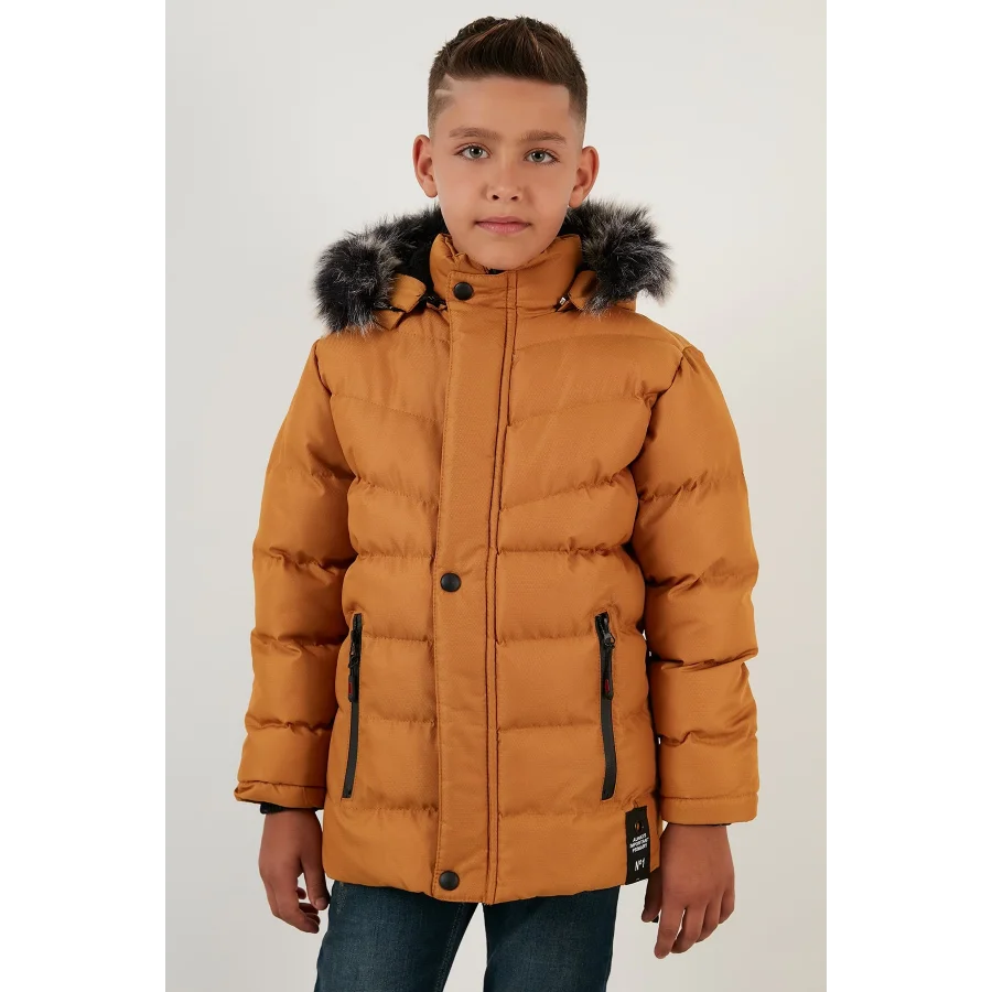 Babymiss Suni Kürklü Peluş Astarlı Çıkarılabilir Kapüşonlu Erkek Çocuk Mont - Hardal