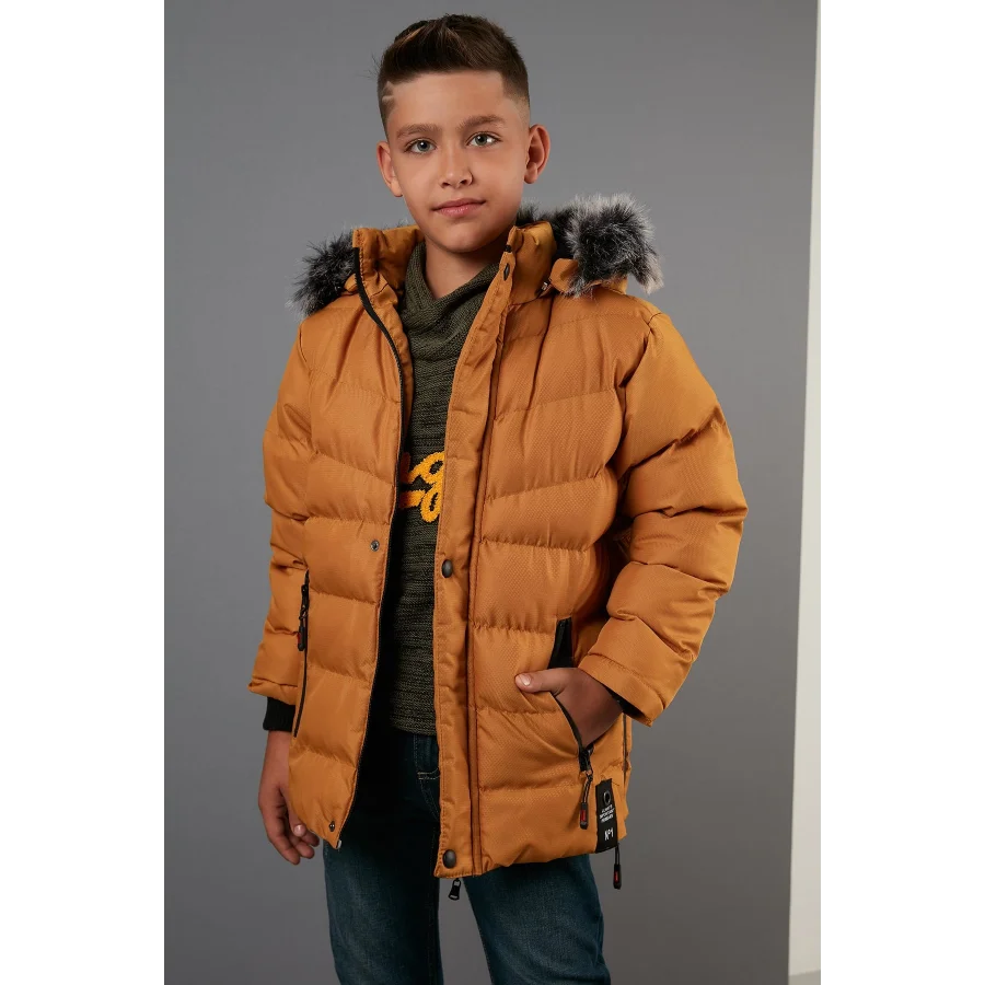 Babymiss Suni Kürklü Peluş Astarlı Çıkarılabilir Kapüşonlu Erkek Çocuk Mont - Hardal