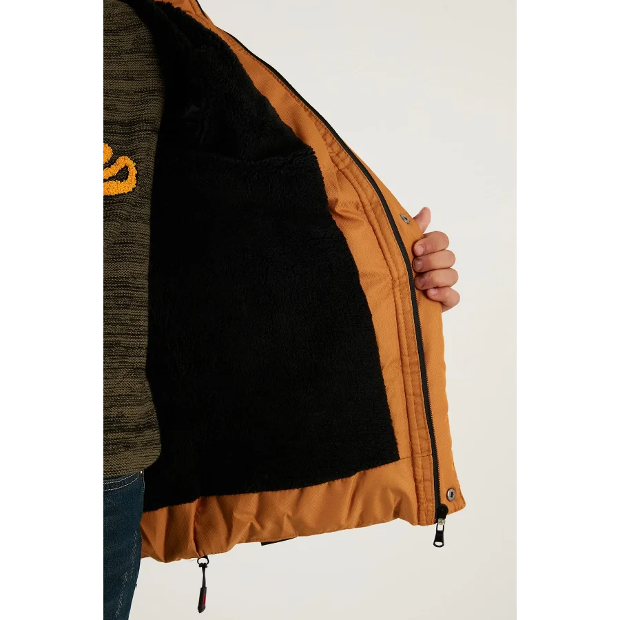 Babymiss Suni Kürklü Peluş Astarlı Çıkarılabilir Kapüşonlu Erkek Çocuk Mont - Hardal