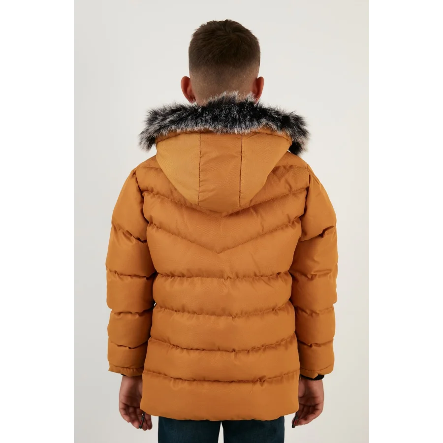 Babymiss Suni Kürklü Peluş Astarlı Çıkarılabilir Kapüşonlu Erkek Çocuk Mont - Hardal