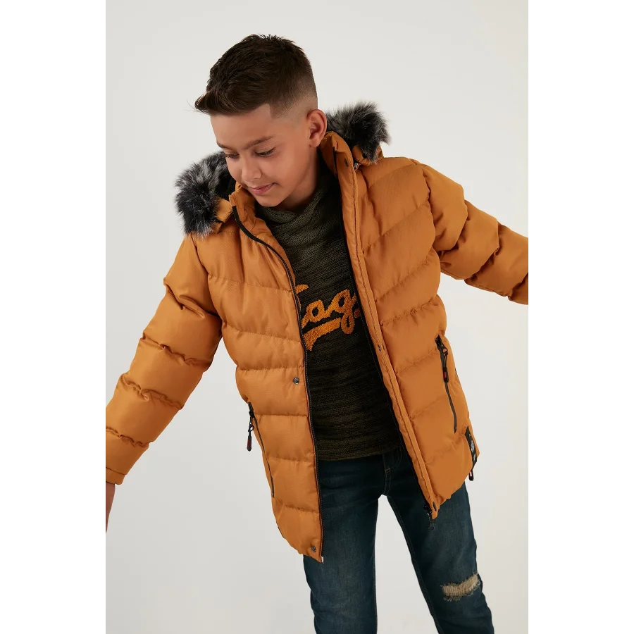 Babymiss Suni Kürklü Peluş Astarlı Çıkarılabilir Kapüşonlu Erkek Çocuk Mont - Hardal