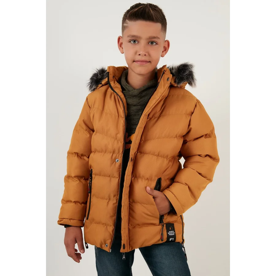 Babymiss Suni Kürklü Peluş Astarlı Çıkarılabilir Kapüşonlu Erkek Çocuk Mont - Hardal