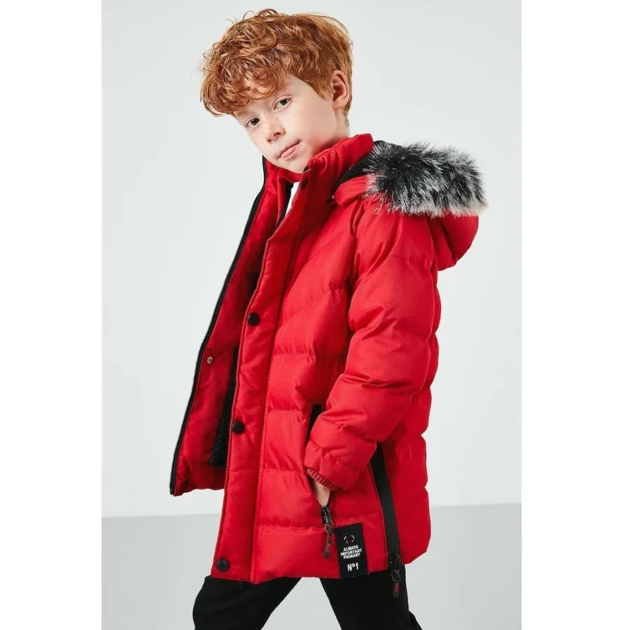 Babymiss Suni Kürklü Peluş Astarlı Çıkarılabilir Kapüşonlu Erkek Çocuk Mont - Kırmızı