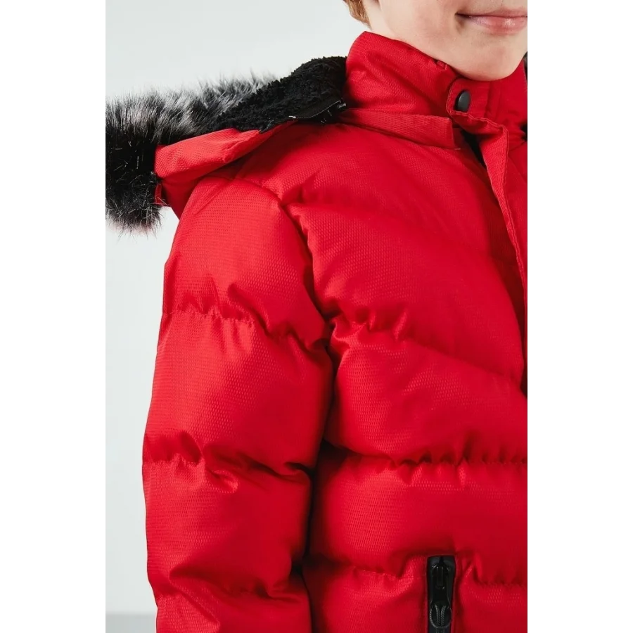 Babymiss Suni Kürklü Peluş Astarlı Çıkarılabilir Kapüşonlu Erkek Çocuk Mont - Kırmızı