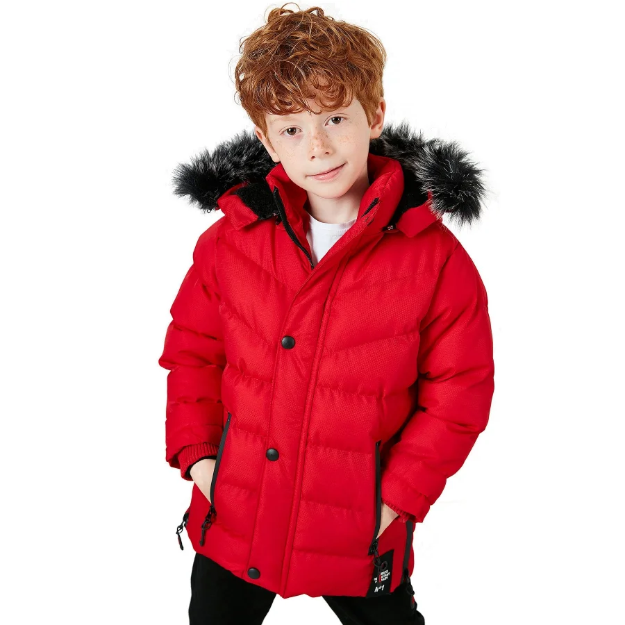 Babymiss Suni Kürklü Peluş Astarlı Çıkarılabilir Kapüşonlu Erkek Çocuk Mont - Kırmızı