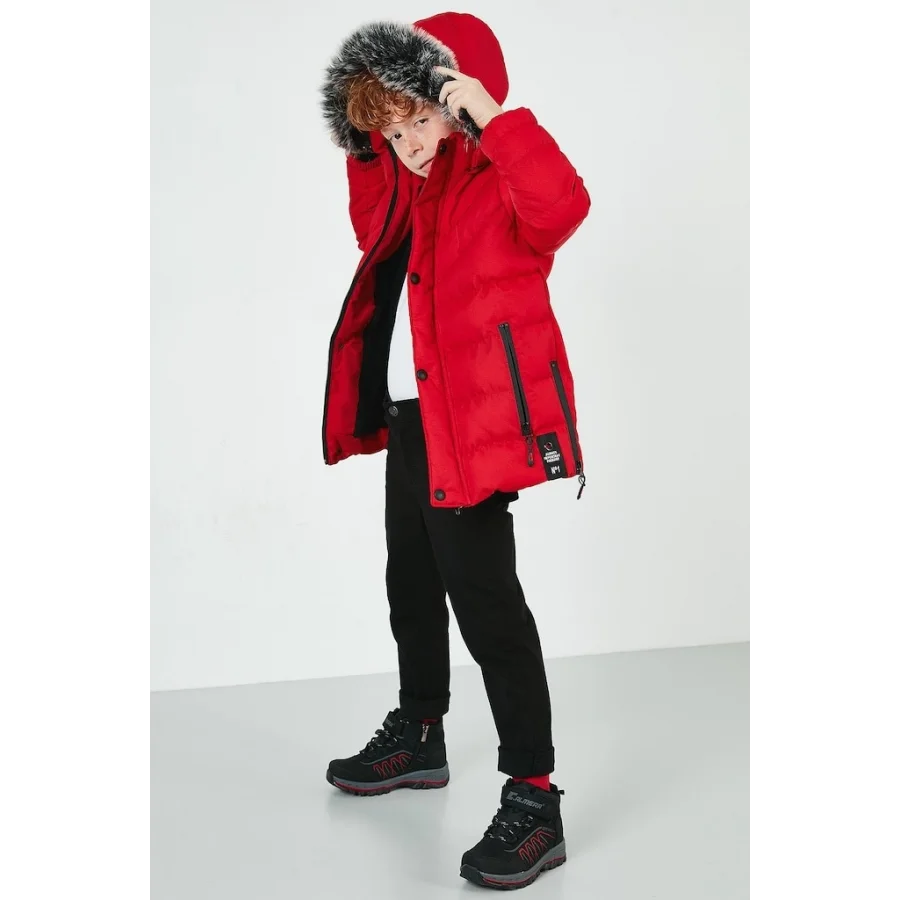 Babymiss Suni Kürklü Peluş Astarlı Çıkarılabilir Kapüşonlu Erkek Çocuk Mont - Kırmızı