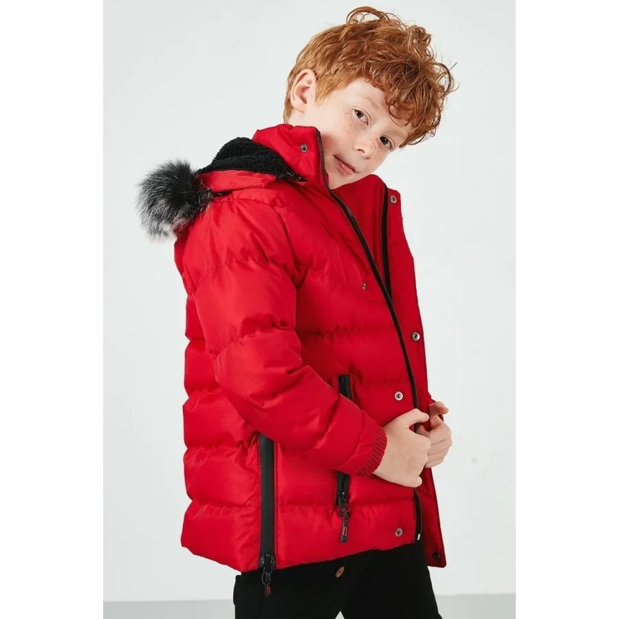 Babymiss Suni Kürklü Peluş Astarlı Çıkarılabilir Kapüşonlu Erkek Çocuk Mont - Kırmızı