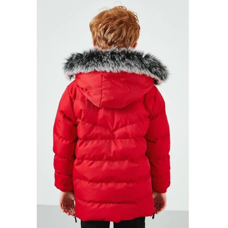 Babymiss Suni Kürklü Peluş Astarlı Çıkarılabilir Kapüşonlu Erkek Çocuk Mont - Kırmızı
