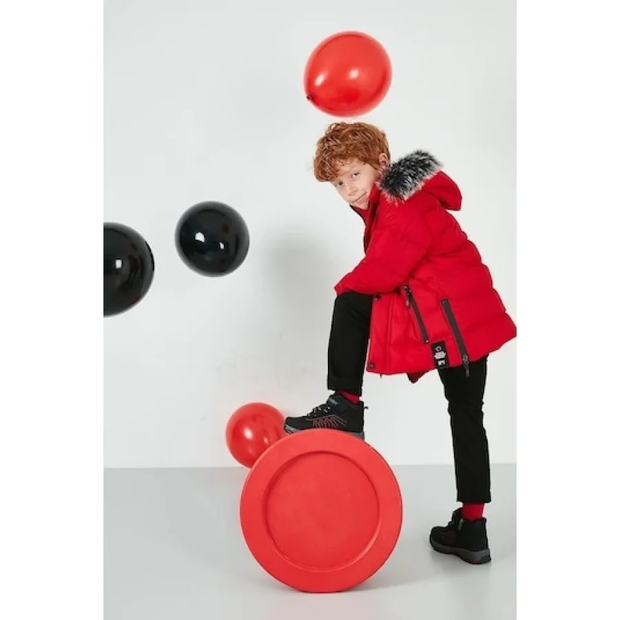 Babymiss Suni Kürklü Peluş Astarlı Çıkarılabilir Kapüşonlu Erkek Çocuk Mont - Kırmızı