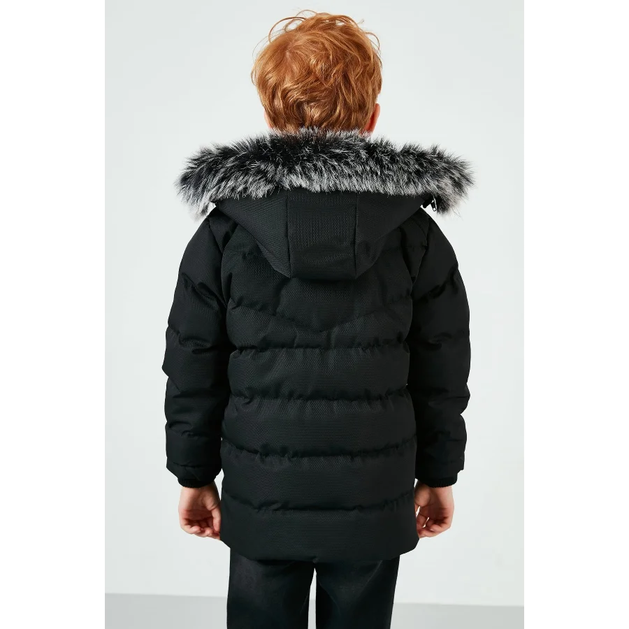 Babymiss Suni Kürklü Peluş Astarlı Çıkarılabilir Kapüşonlu Erkek Çocuk Mont - Siyah