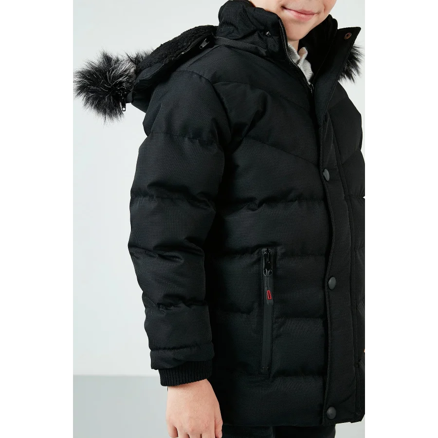 Babymiss Suni Kürklü Peluş Astarlı Çıkarılabilir Kapüşonlu Erkek Çocuk Mont - Siyah