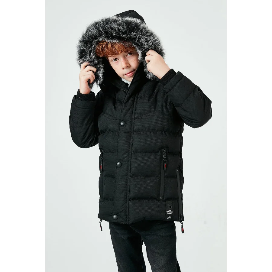 Babymiss Suni Kürklü Peluş Astarlı Çıkarılabilir Kapüşonlu Erkek Çocuk Mont - Siyah