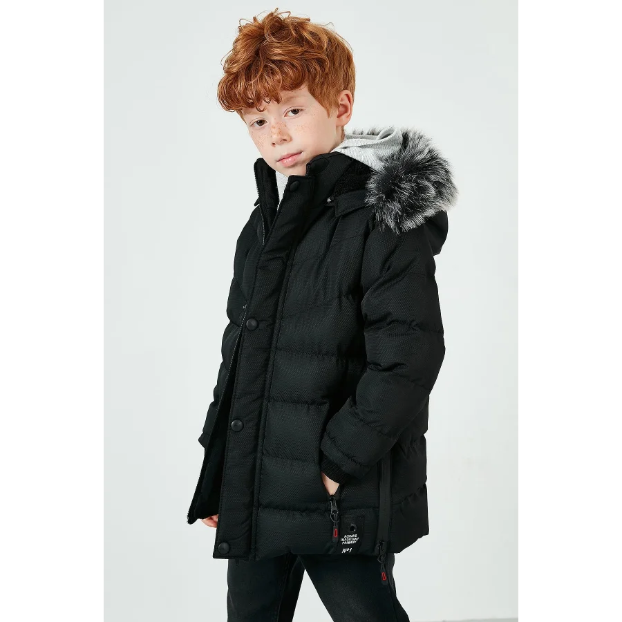 Babymiss Suni Kürklü Peluş Astarlı Çıkarılabilir Kapüşonlu Erkek Çocuk Mont - Siyah