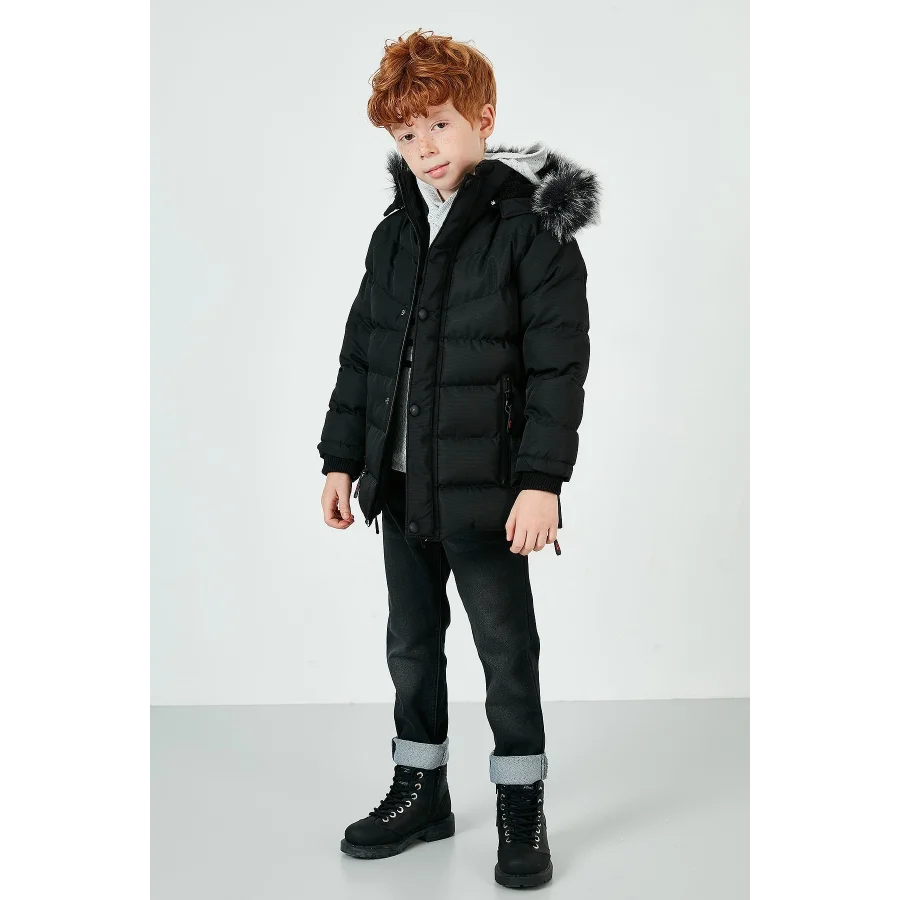 Babymiss Suni Kürklü Peluş Astarlı Çıkarılabilir Kapüşonlu Erkek Çocuk Mont - Siyah