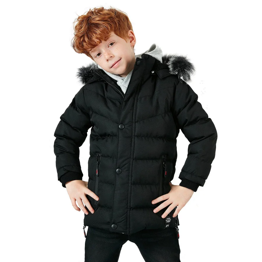 Babymiss Suni Kürklü Peluş Astarlı Çıkarılabilir Kapüşonlu Erkek Çocuk Mont - Siyah