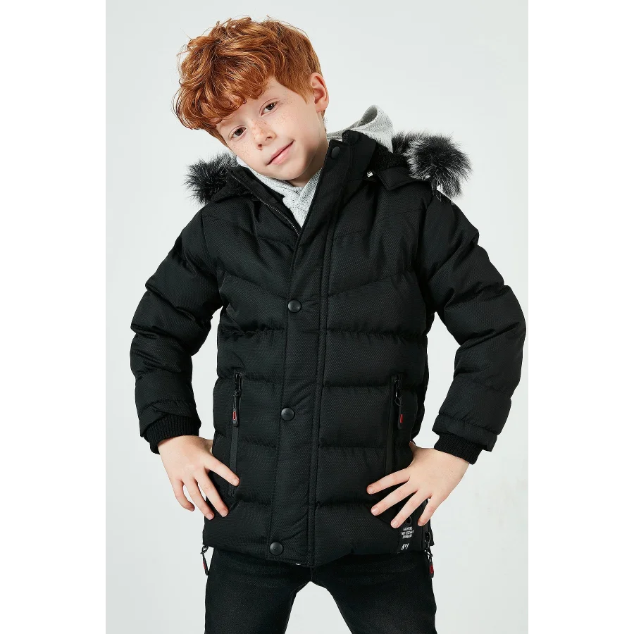 Babymiss Suni Kürklü Peluş Astarlı Çıkarılabilir Kapüşonlu Erkek Çocuk Mont - Siyah