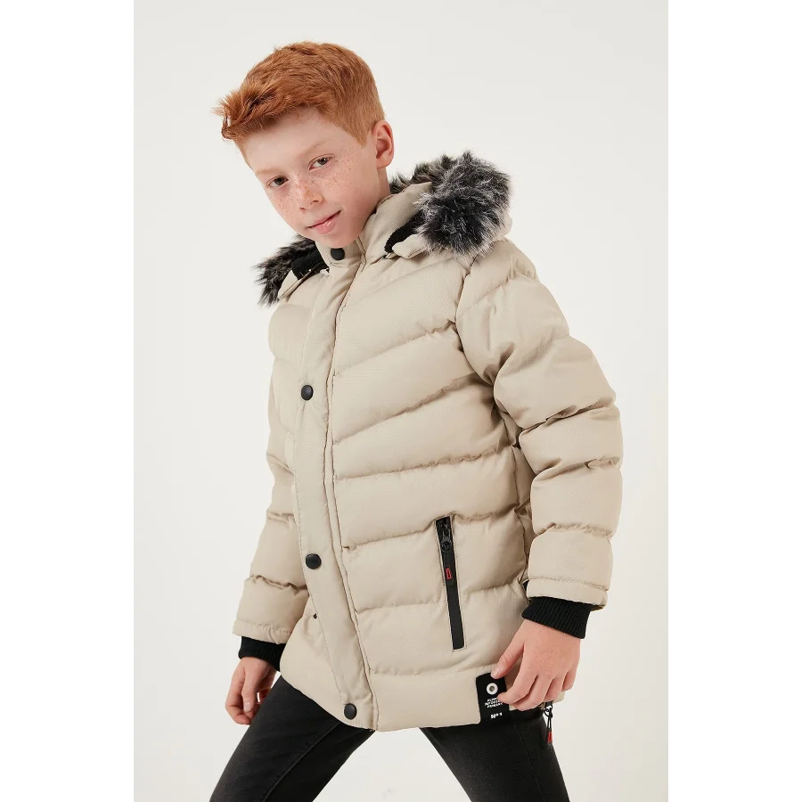 Babymiss Suni Kürklü Peluş Astarlı Çıkarılabilir Kapüşonlu Erkek Çocuk Mont - Taş