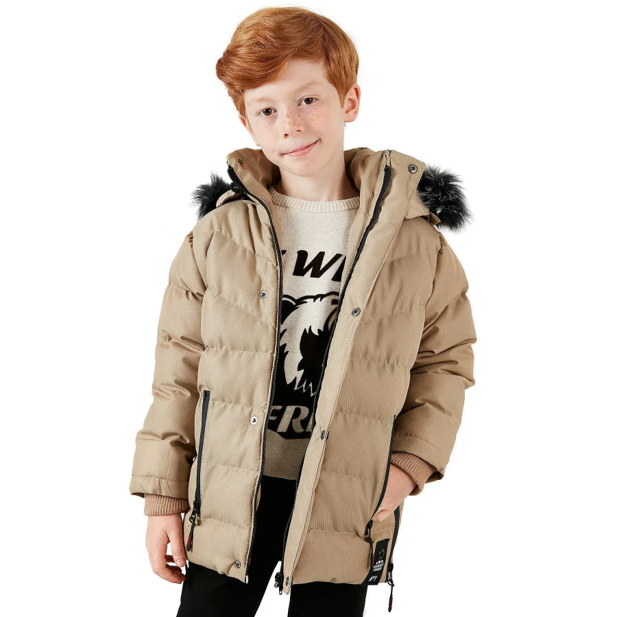 Babymiss Suni Kürklü Peluş Astarlı Çıkarılabilir Kapüşonlu Erkek Çocuk Mont - Taş