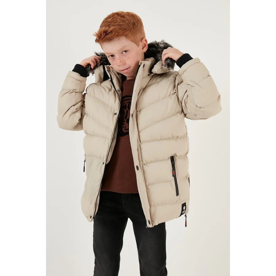 Babymiss Suni Kürklü Peluş Astarlı Çıkarılabilir Kapüşonlu Erkek Çocuk Mont - Taş